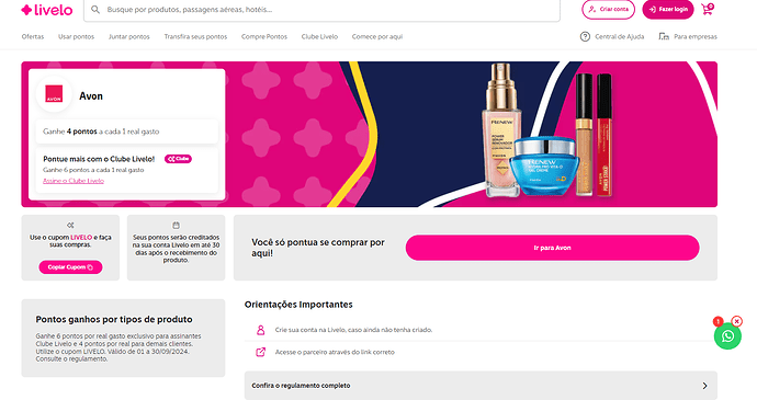 Página do site da Livelo com parceria com a Avon