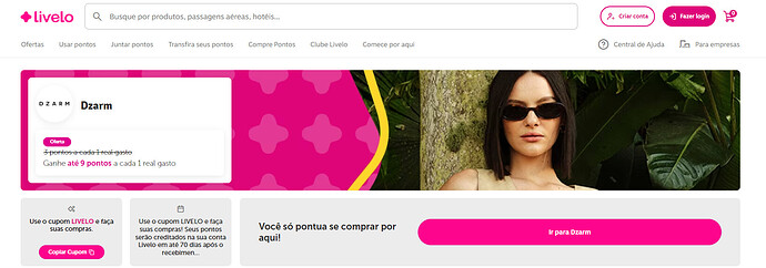 Página do site da Livelo com a promoção da Dzarm