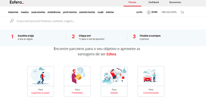 Página do site Esfera para acumular pontos
