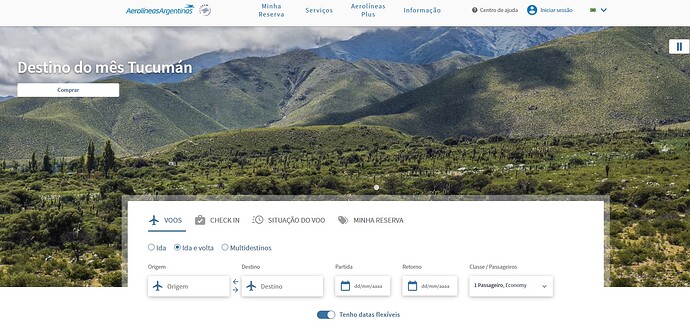 Página do site da Aerolíneas Argentinas