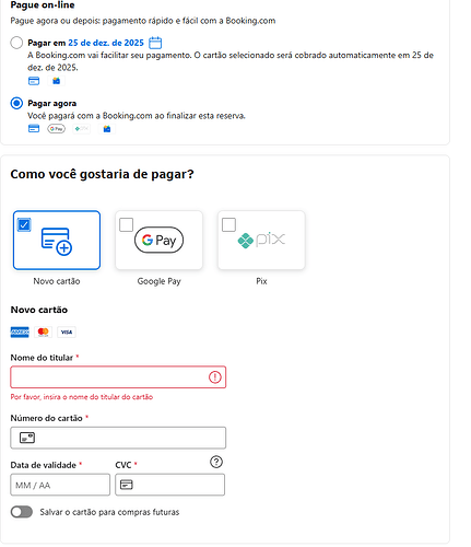 pagar com cartão booking